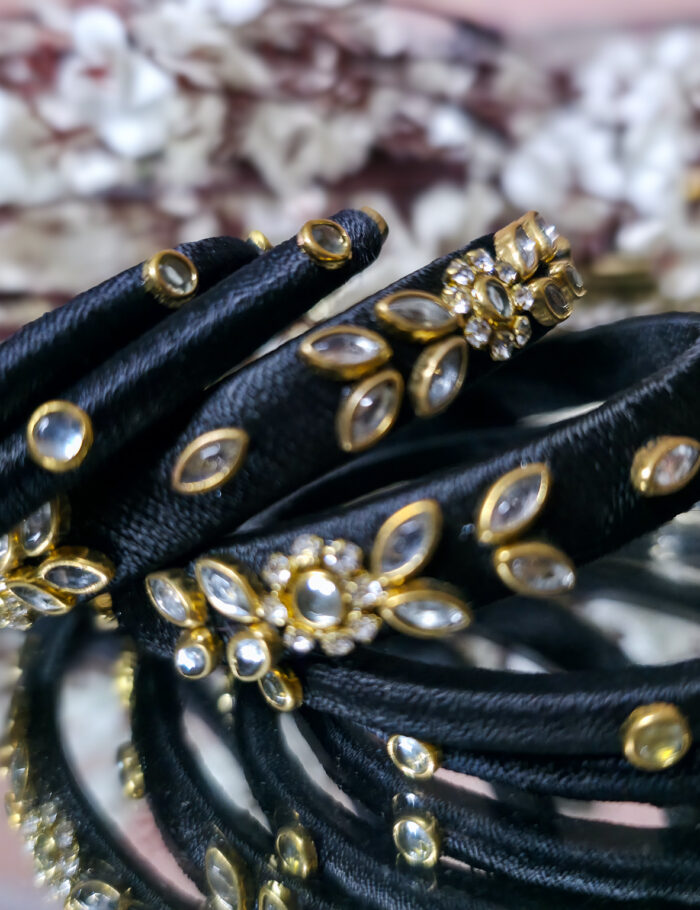 Designer black silk thread kundan bangle duo