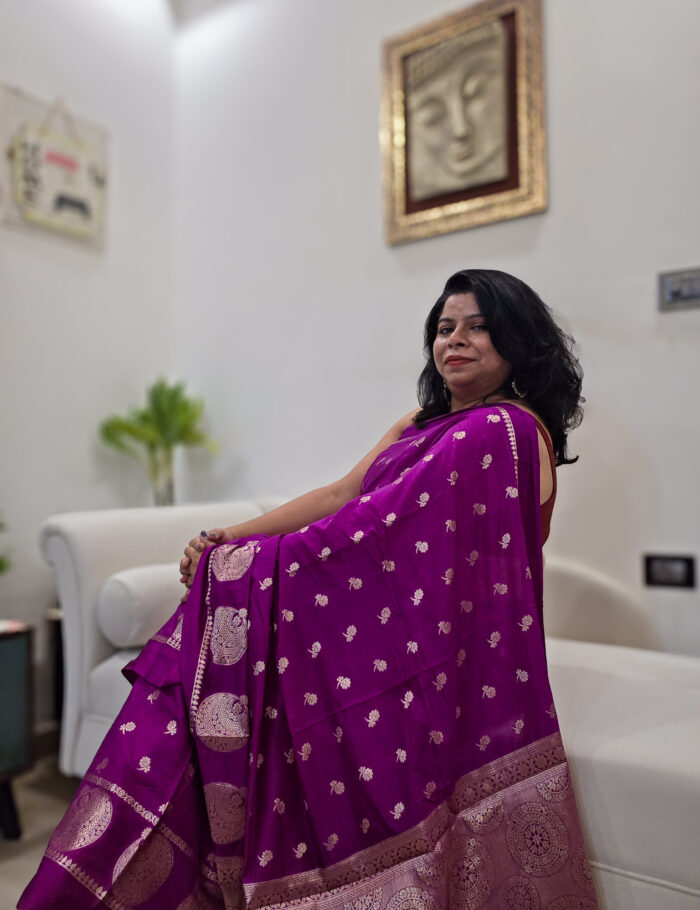 Handwoven Banarasi silk saree in magenta “Damini”
