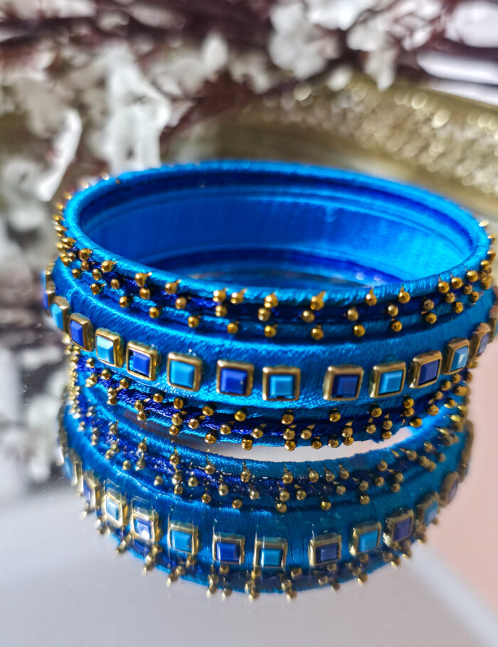 Handmade navy-sky blue silk thread bangle stack (7)