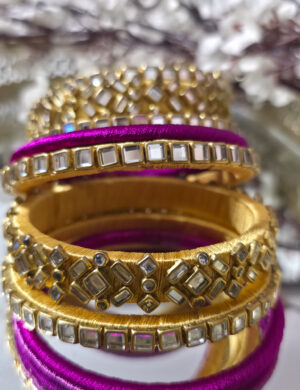 Gold and magenta silk-thread kundan bangle set