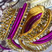 Gold & Magenta Silk Thread Kundan Bangles Set