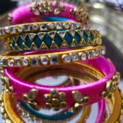 Festive pink & turquoise silk-thread bangle set with kundan