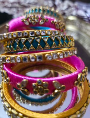 Festive pink & turquoise silk-thread bangle set with kundan