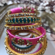 Handcrafted pink-turquoise silk thread kundan bangles