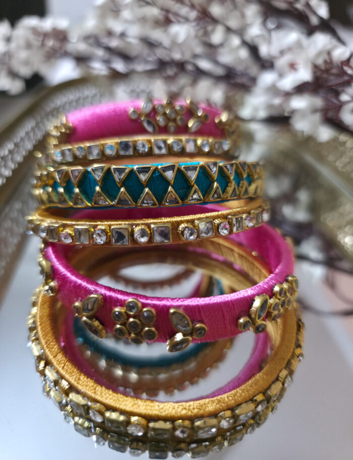 Handcrafted pink-turquoise silk thread kundan bangles