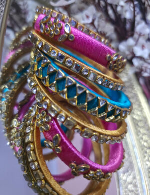 Pink & Turquoise Silk Thread Kundan Bangles