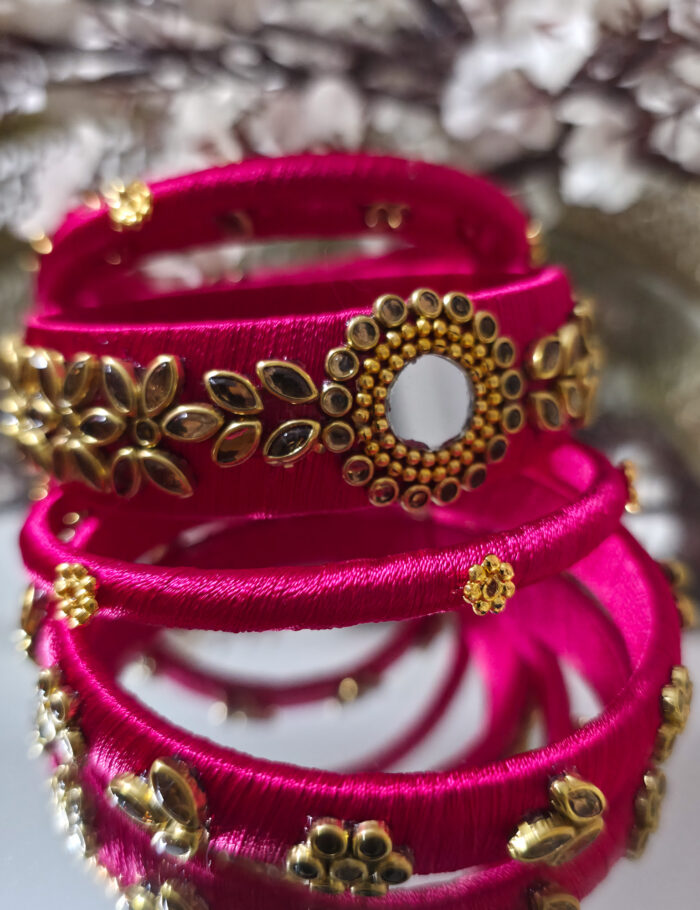 Pink silk thread kundan bangles set