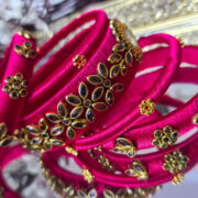 Handcrafted pink silk-thread bangle set with kundan