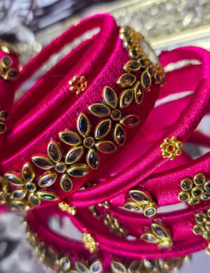 Handcrafted pink silk-thread bangle set with kundan