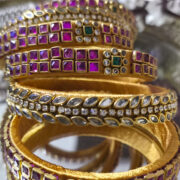 Handcrafted gold-pink silk thread kundan bangles