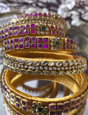 Handcrafted gold-pink silk thread kundan bangles