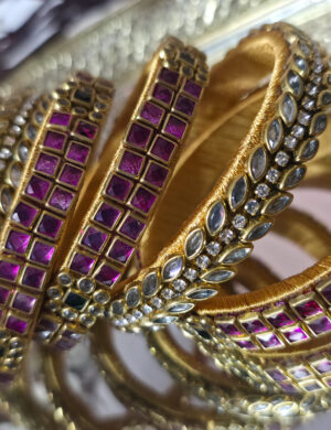 Gold & Pink Silk Thread Kundan Bangle Set