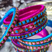 Blue & Pink Silk Thread Kundan Bangles Set