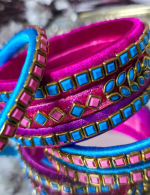 Blue & Pink Silk Thread Kundan Bangles Set