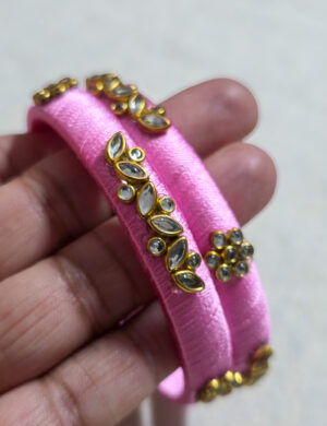 Light Pink Silk Thread Kundan Bangles (Set of 2)