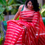 Red Banarasi organza silk saree with gold design