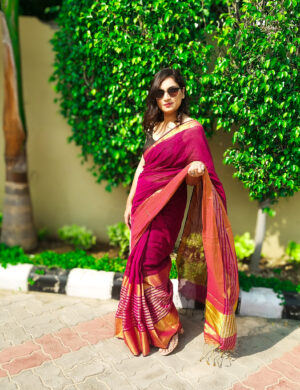 Gulmohar Linen Saree with Zari Border Premium Handwoven