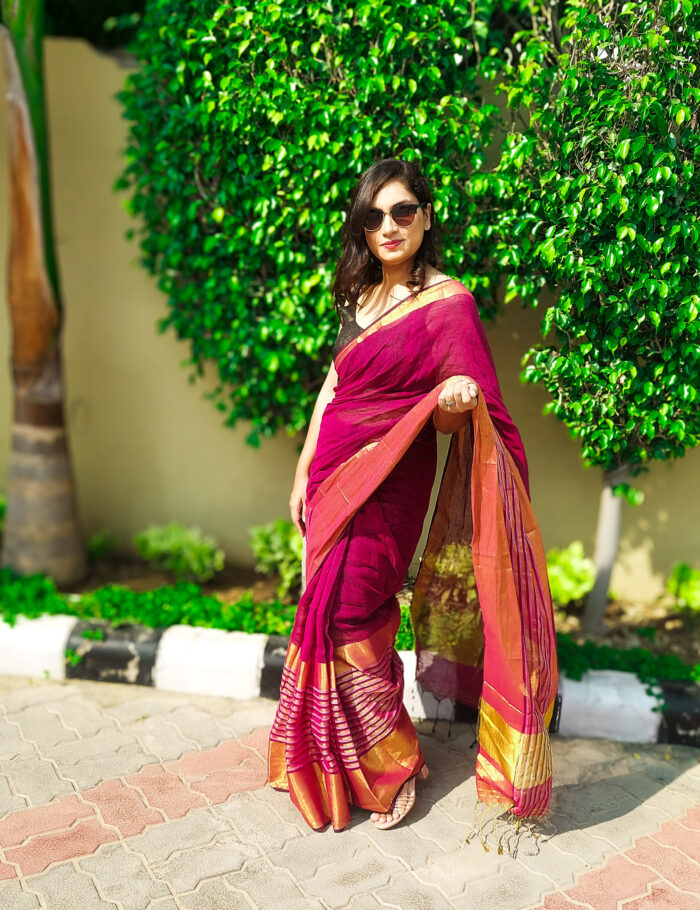 20251018_101400 Gulmohar Linen Saree with Zari Border Premium Handwoven