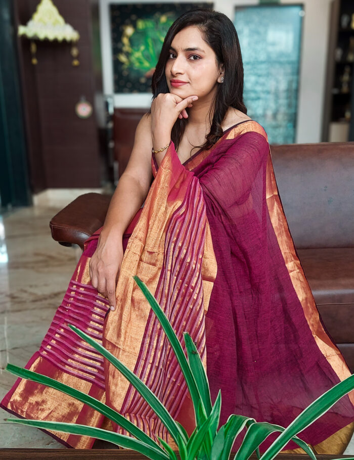 20251018_112744 Gulmohar Linen Saree with Zari Border Premium Handwoven