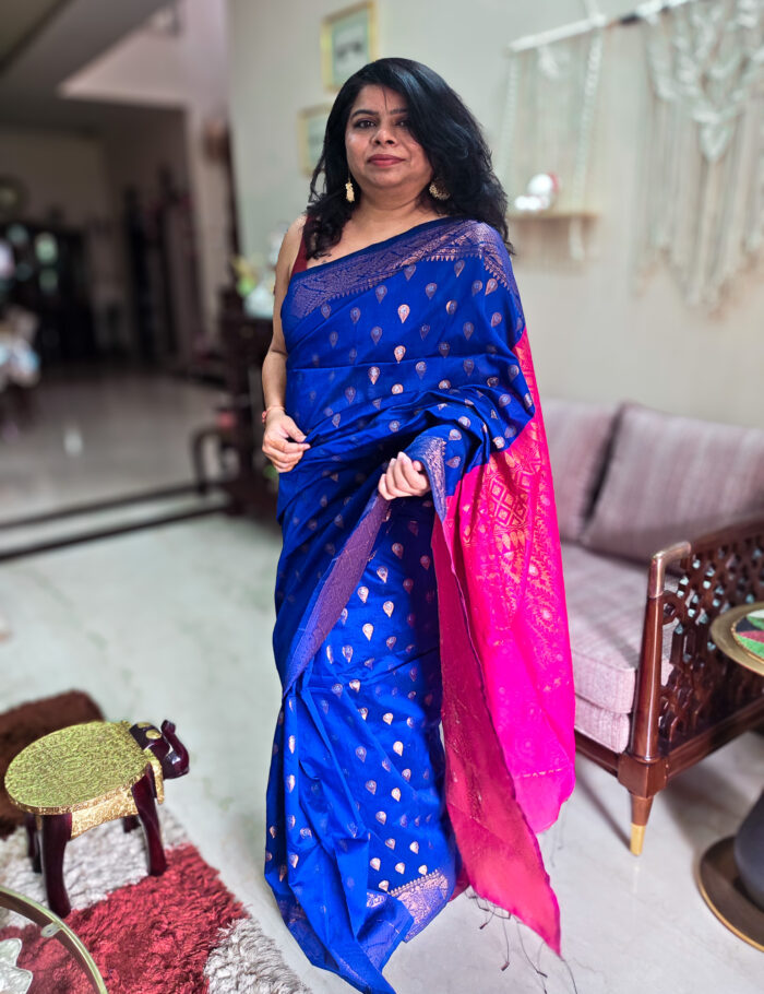 20251021_134720 Neeli Syahi cotton saree with pink pallu — elegant traditional wear