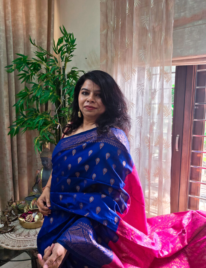 20251021_134757 Handloom blue cotton saree with pink pallu and zari detailing