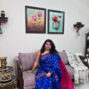 Neeli Syahi cotton zari saree with contrasting pink pallu