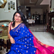 Deep blue cotton saree with pink pallu and gold zari border