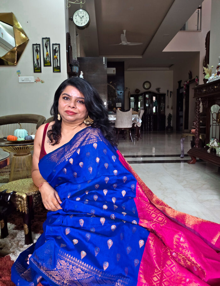 20251021_135042 Deep blue cotton saree with pink pallu and gold zari border