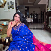 Neeli Syahi cotton saree with pink pallu and zari border