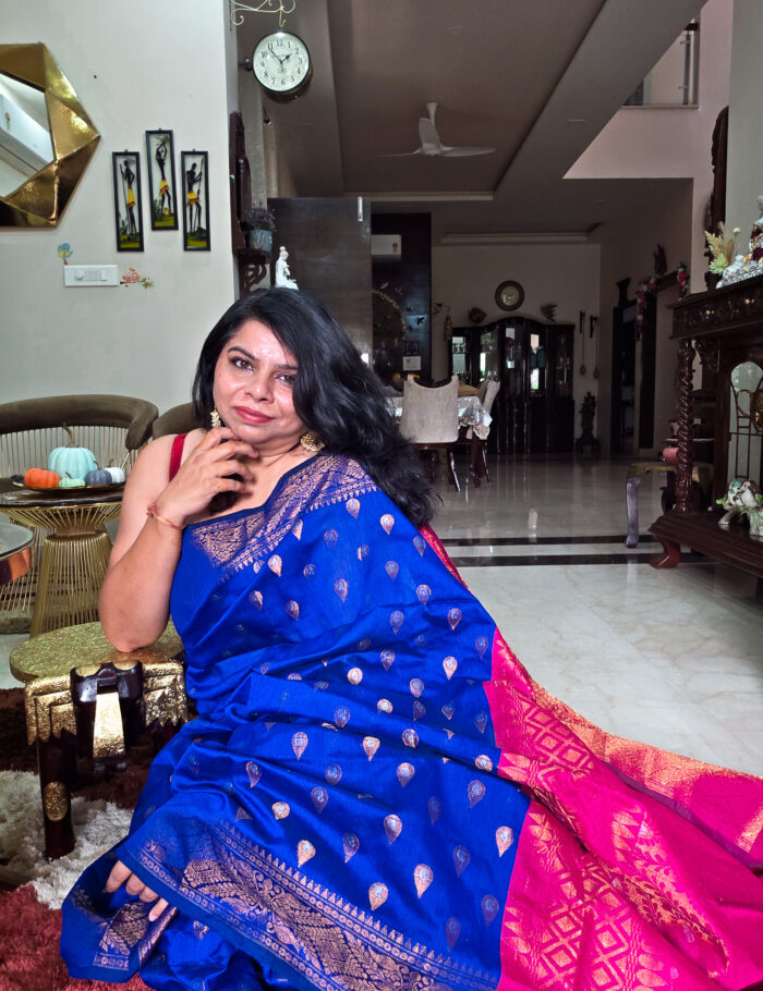 20251021_135052 Neeli Syahi cotton saree with pink pallu and zari border