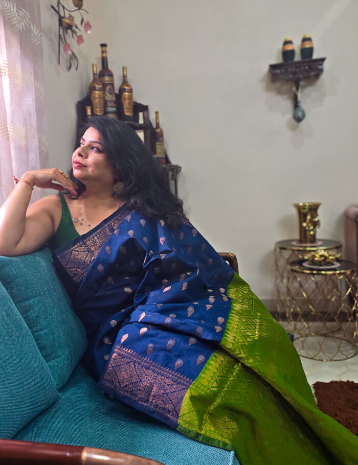 20251021_145425 Deep blue handloom cotton saree with green pallu and zari border