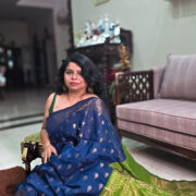 Geheri neeli-syahi cotton saree with green pallu and zari border