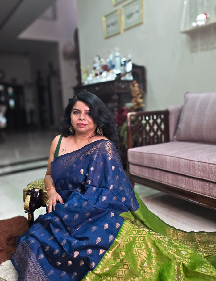 20251021_145906 Geheri neeli-syahi cotton saree with green pallu and zari border