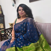 Traditional blue cotton zari saree with green pallu