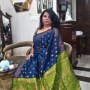 Geheri Neeli Syahi Zari Cotton Saree with Green Pallu