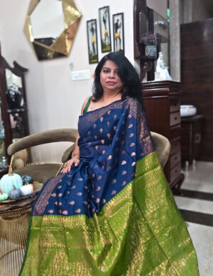Geheri Neeli Syahi Zari Cotton Saree with Green Pallu