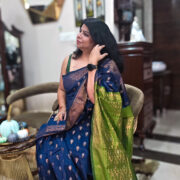 Deep blue cotton saree with green pallu and zari work