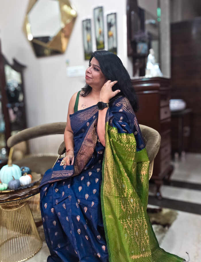 20251021_150139 Deep blue cotton saree with green pallu and zari work