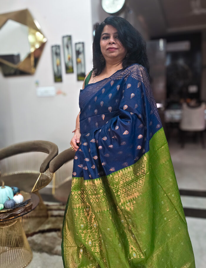 20251021_150201 Handloom cotton saree in deep blue with green pallu and gold zari border