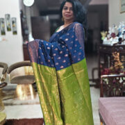 Blue cotton zari saree with contrasting green pallu
