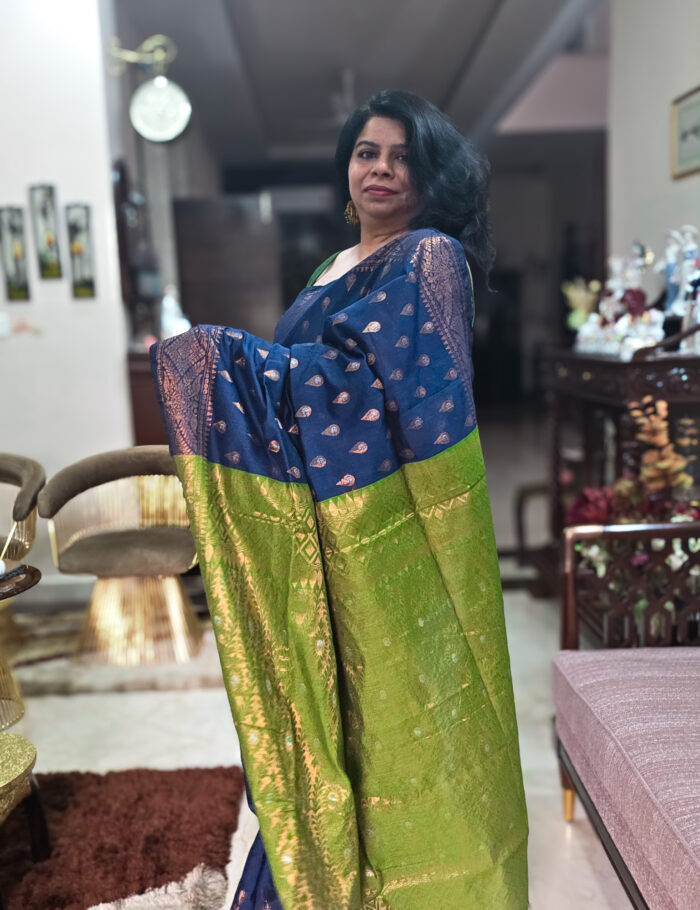 20251021_150436 Blue cotton zari saree with contrasting green pallu