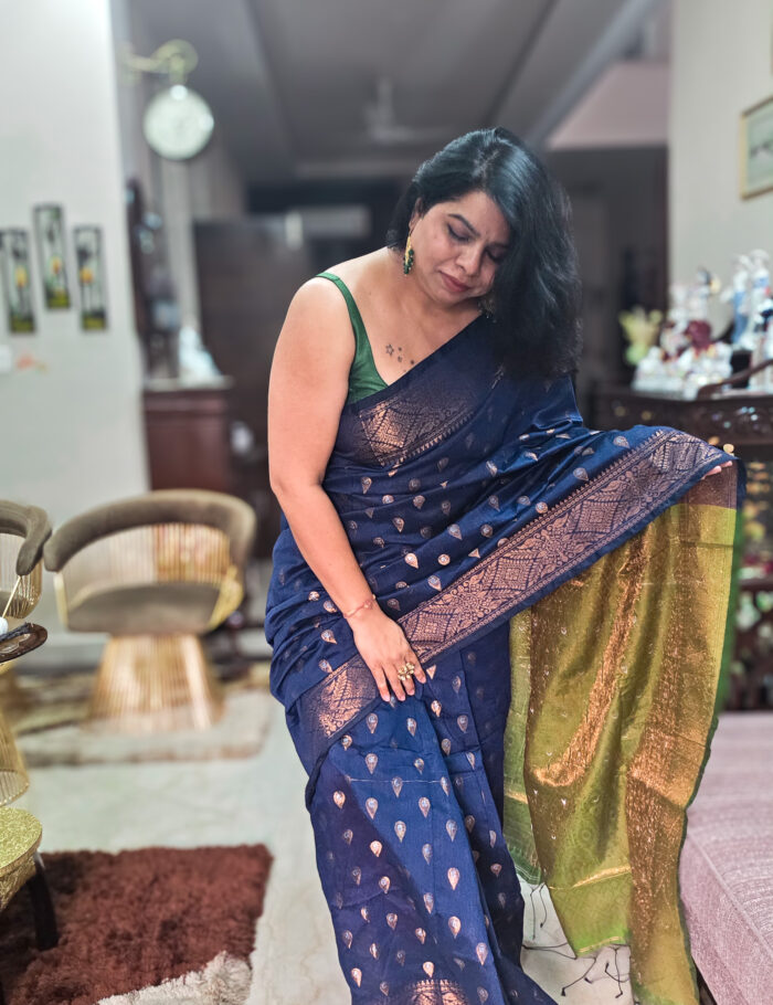 20251021_150452 Cotton saree deep blue with green pallu and zari trim