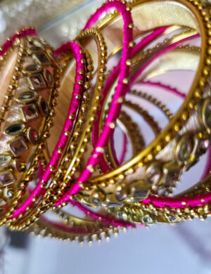 Gold & Pink Silk Thread Bangles (Set of 12)