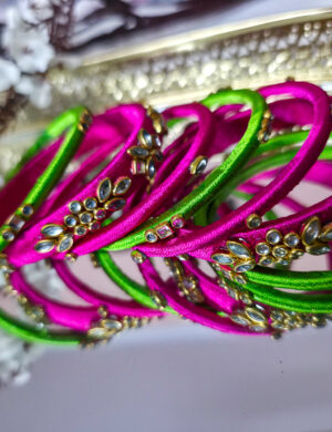 Green & Pink Silk Thread Bangles (Set of 12)