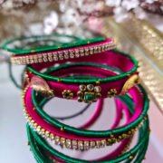 Handmade green and pink silk bangles, pack of 9