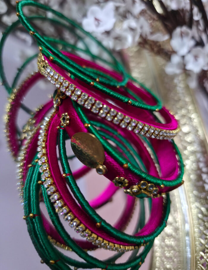 Green & Pink Silk Thread Bangles Set of 9 – Handmade