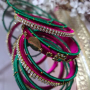Green pink silk thread bangle set for festive wear