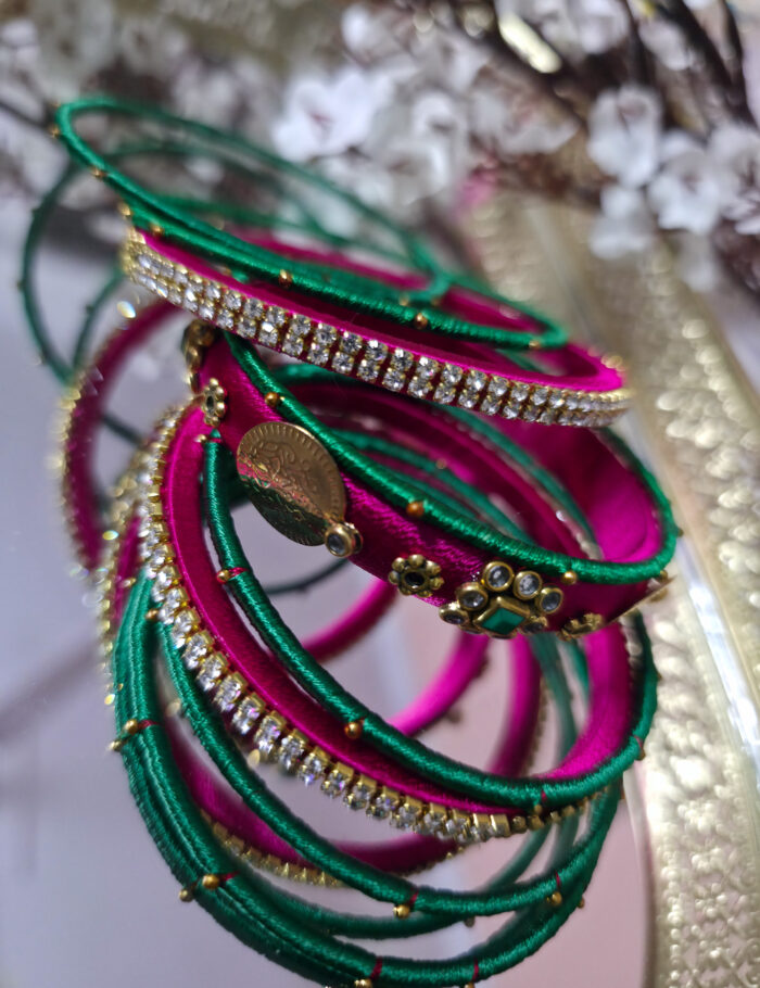 Green pink silk thread bangle set for festive wear