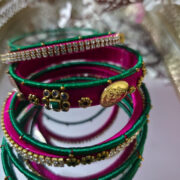 Set of 9 handmade green & pink silk bangles