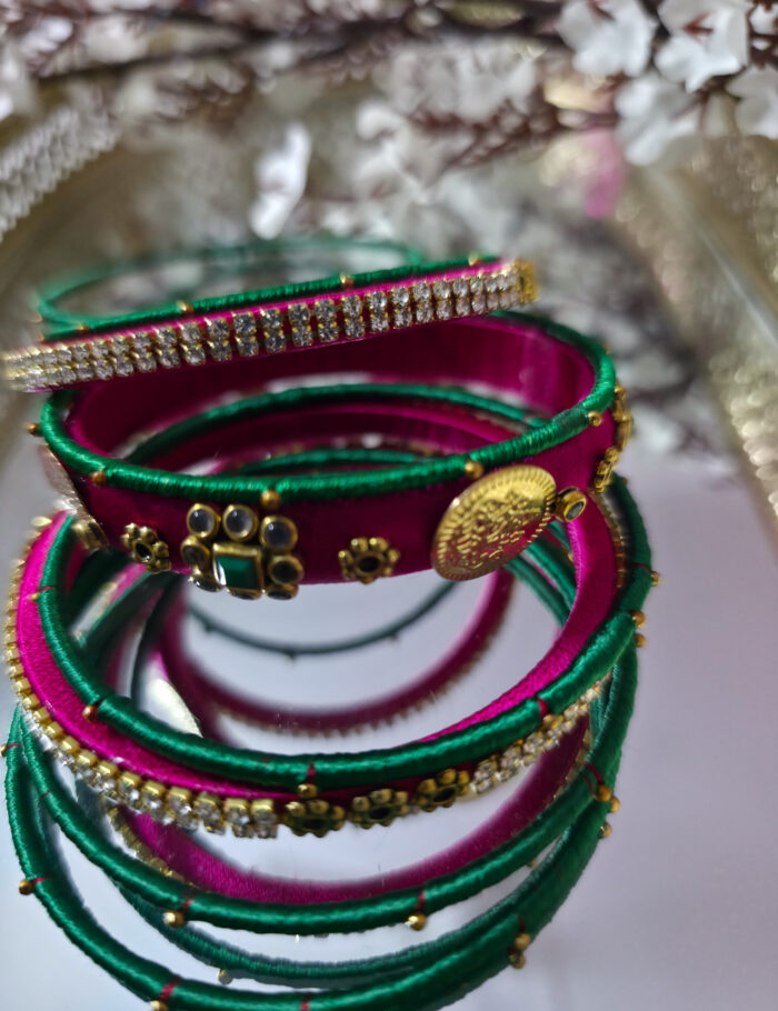 Set of 9 handmade green & pink silk bangles